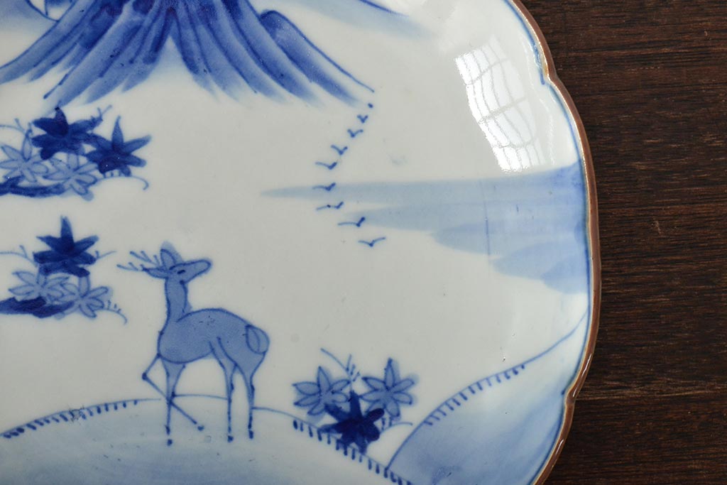 アンティーク雑貨　明治期　紅葉に鹿　7寸染付皿2枚セット(和食器)(R-43226)