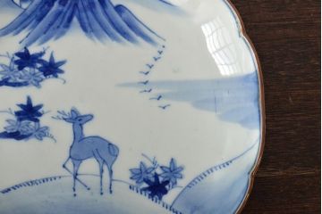 アンティーク雑貨　明治期　紅葉に鹿　7寸染付皿2枚セット(和食器)(R-43226)