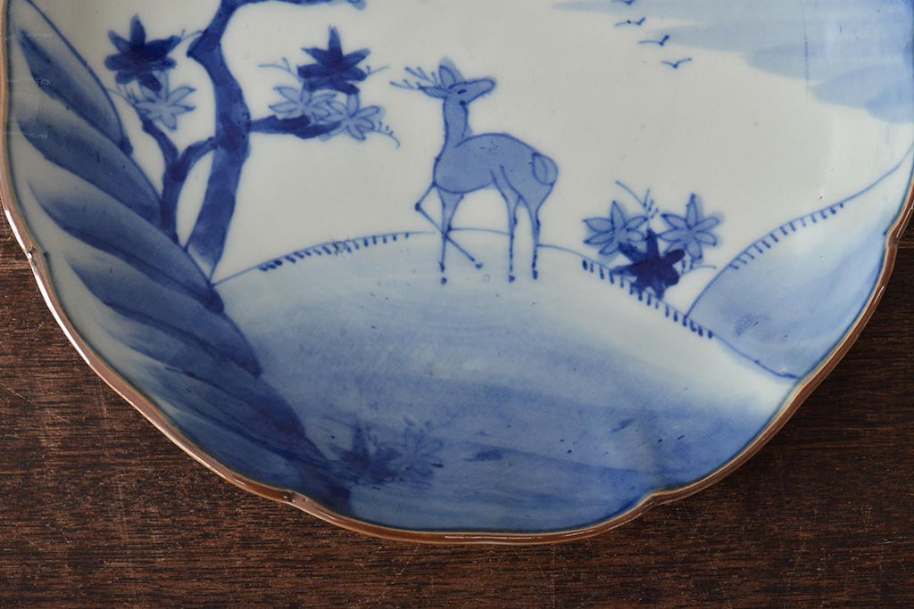 アンティーク雑貨　明治期　紅葉に鹿　7寸染付皿2枚セット(和食器)(R-43226)