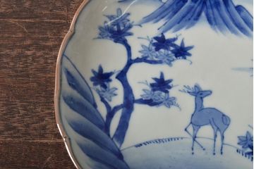 アンティーク雑貨　明治期　紅葉に鹿　7寸染付皿2枚セット(和食器)(R-43226)