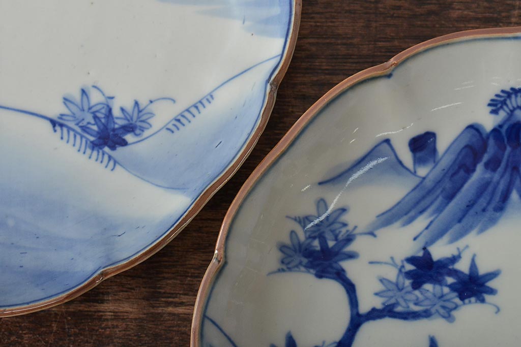 アンティーク雑貨　明治期　紅葉に鹿　7寸染付皿2枚セット(和食器)(R-43226)