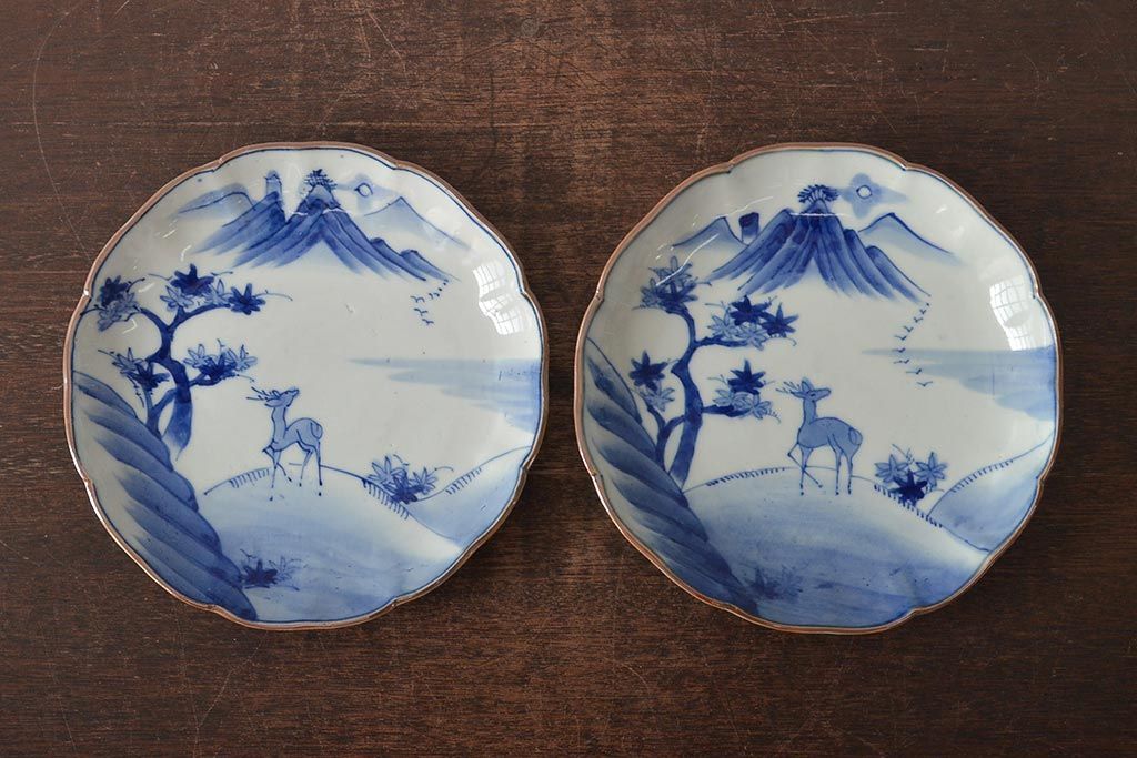 アンティーク雑貨　明治期　紅葉に鹿　7寸染付皿2枚セット(和食器)(R-43226)