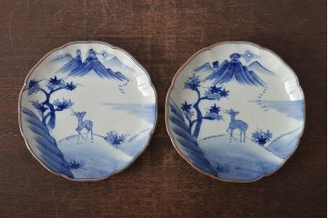 アンティーク雑貨　明治期　紅葉に鹿　7寸染付皿2枚セット(和食器)(R-43226)