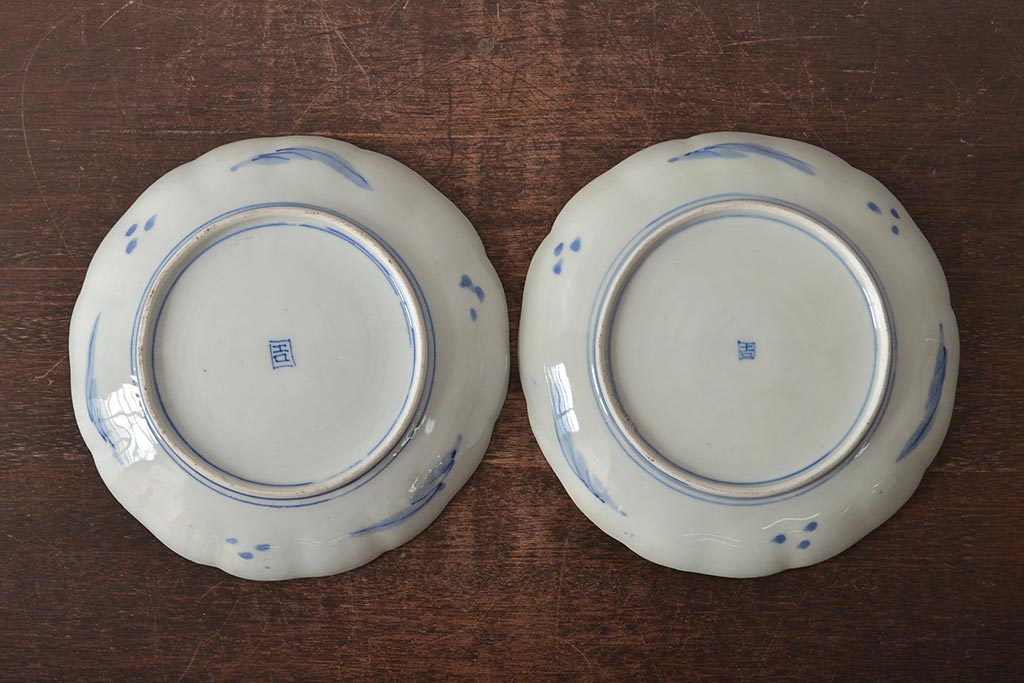 アンティーク雑貨　明治期　紅葉に鹿　7寸染付皿2枚セット(和食器)(R-43226)