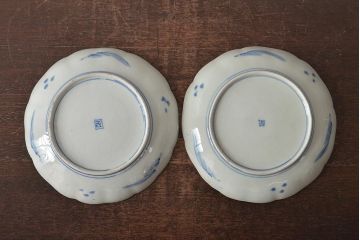 アンティーク雑貨　明治期　紅葉に鹿　7寸染付皿2枚セット(和食器)(R-43226)