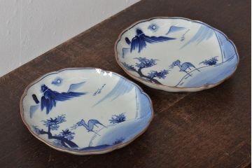 アンティーク雑貨　明治期　紅葉に鹿　7寸染付皿2枚セット(和食器)(R-43227)