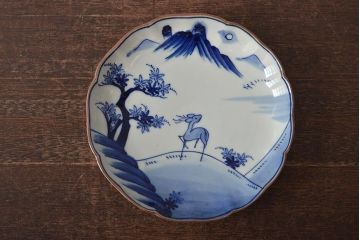 アンティーク雑貨　明治期　紅葉に鹿　7寸染付皿2枚セット(和食器)(R-43227)