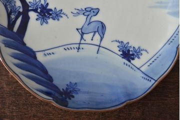 アンティーク雑貨　明治期　紅葉に鹿　7寸染付皿2枚セット(和食器)(R-43227)