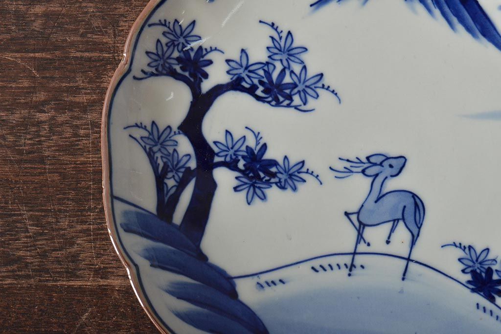 アンティーク雑貨　明治期　紅葉に鹿　7寸染付皿2枚セット(和食器)(R-43227)