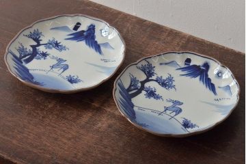 アンティーク雑貨　明治期　紅葉に鹿　7寸染付皿2枚セット(和食器)(R-43227)