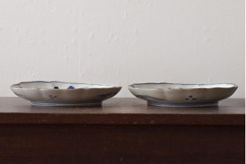 アンティーク雑貨　明治期　紅葉に鹿　7寸染付皿2枚セット(和食器)(R-43228)