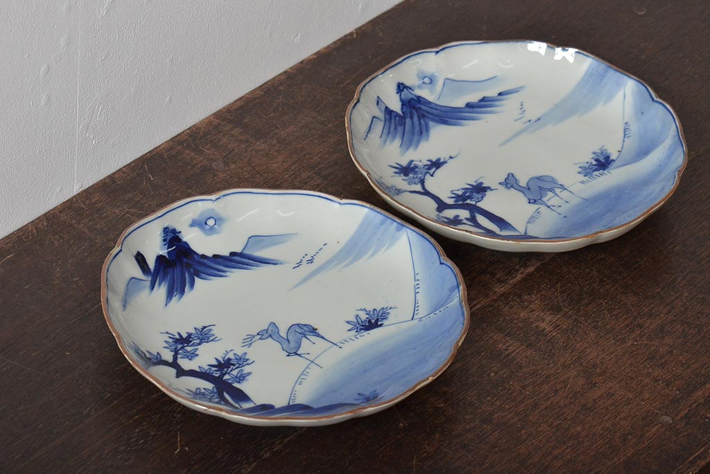 アンティーク雑貨　明治期　紅葉に鹿　7寸染付皿2枚セット(和食器)(R-43228)