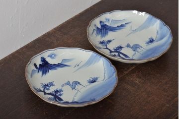 アンティーク雑貨　明治期　紅葉に鹿　7寸染付皿2枚セット(和食器)(R-43228)