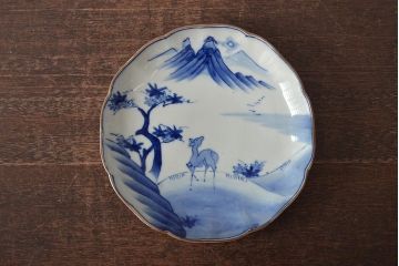 アンティーク雑貨　明治期　紅葉に鹿　7寸染付皿2枚セット(和食器)(R-43228)