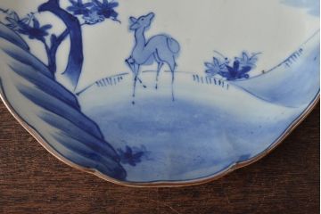 アンティーク雑貨　明治期　紅葉に鹿　7寸染付皿2枚セット(和食器)(R-43228)