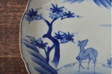 アンティーク雑貨　明治期　紅葉に鹿　7寸染付皿2枚セット(和食器)(R-43228)