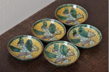 アンティーク雑貨　江戸明治期　九谷焼　角福　色絵果実染付小皿5枚セット(和食器)(R-043229)