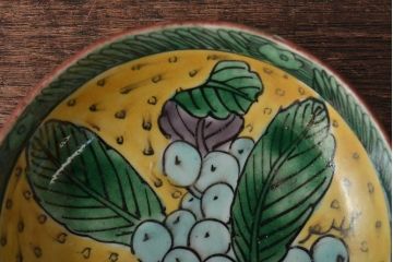 アンティーク雑貨　江戸明治期　九谷焼　角福　色絵果実染付小皿5枚セット(和食器)(R-043229)