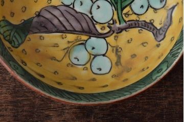 アンティーク雑貨　江戸明治期　九谷焼　角福　色絵果実染付小皿5枚セット(和食器)(R-043229)