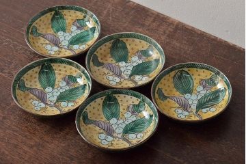 アンティーク雑貨　江戸明治期　九谷焼　角福　色絵果実染付小皿5枚セット(和食器)(R-043230)