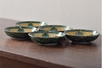 アンティーク雑貨　江戸明治期　九谷焼　角福　色絵果実染付小皿5枚セット(和食器)(R-043230)