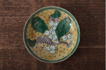 アンティーク雑貨　江戸明治期　九谷焼　角福　色絵果実染付小皿5枚セット(和食器)(R-043230)