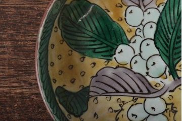 アンティーク雑貨　江戸明治期　九谷焼　角福　色絵果実染付小皿5枚セット(和食器)(R-043230)