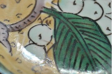 アンティーク雑貨　江戸明治期　九谷焼　角福　色絵果実染付小皿5枚セット(和食器)(R-043230)