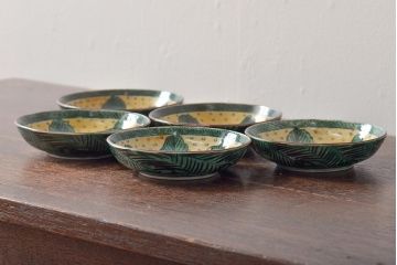 アンティーク雑貨　江戸明治期　九谷焼　角福　色絵果実染付小皿5枚セット(和食器)(R-043231)