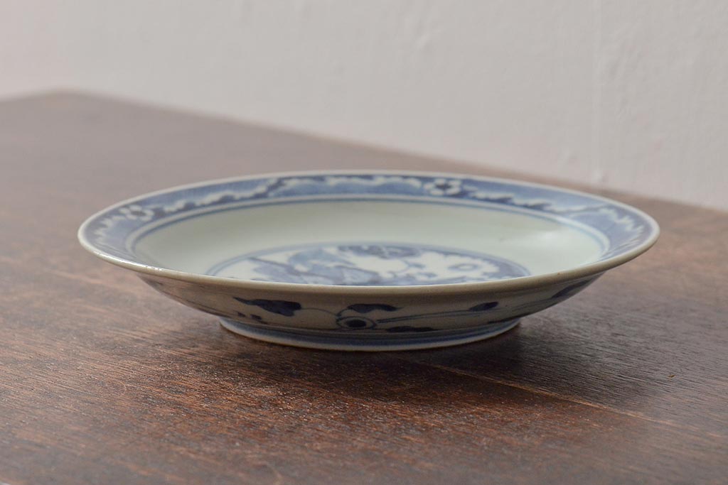 アンティーク雑貨　江戸期　古染付　六寸皿(中皿)(中国?青磁)(R-043235)