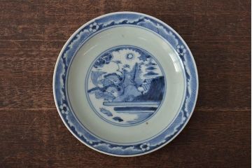 アンティーク雑貨　江戸期　古染付　六寸皿(中皿)(中国?青磁)(R-043235)