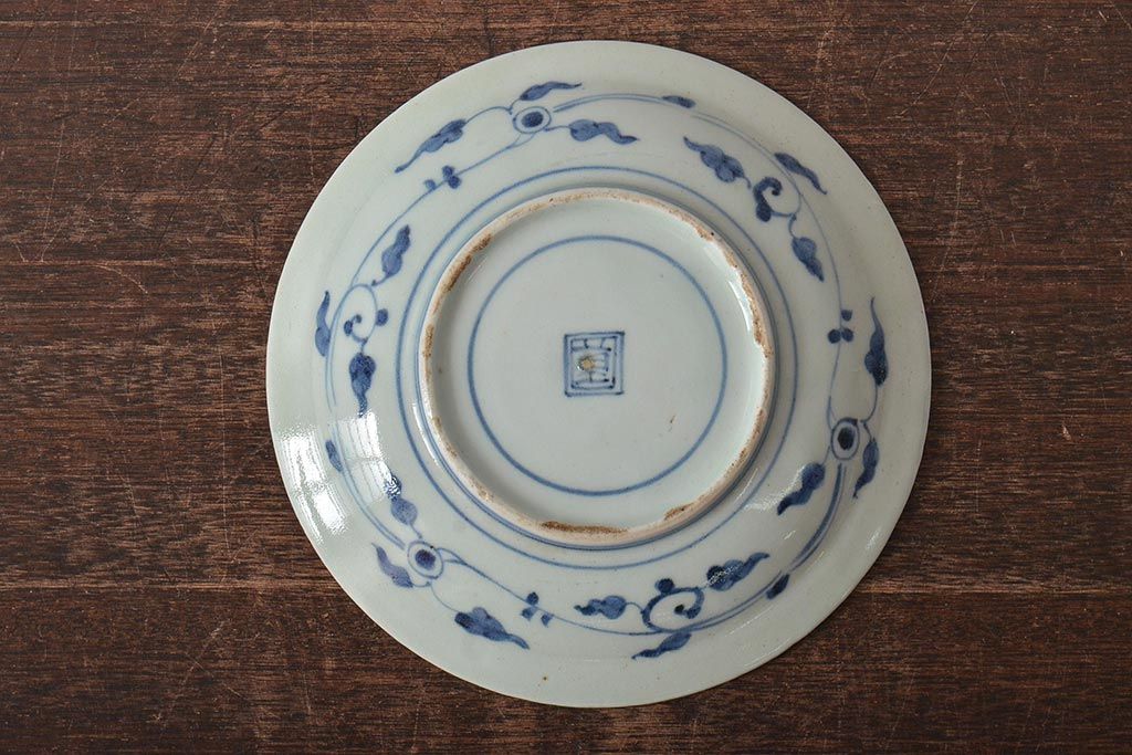アンティーク雑貨　江戸期　古染付　六寸皿(中皿)(中国?青磁)(R-043235)
