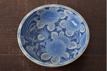 アンティーク雑貨　江戸期　古伊万里　大明成化年製　花鳥図　染付　深鉢(深皿)(R-043236)