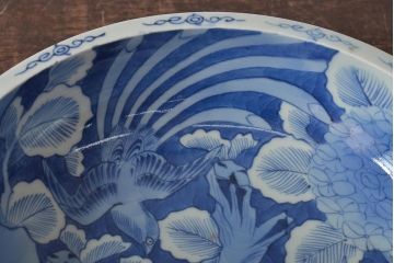 アンティーク雑貨　江戸期　古伊万里　大明成化年製　花鳥図　染付　深鉢(深皿)(R-043236)