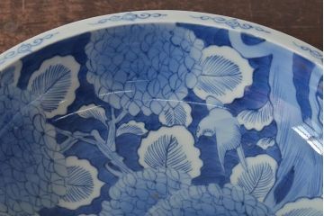 アンティーク雑貨　江戸期　古伊万里　大明成化年製　花鳥図　染付　深鉢(深皿)(R-043236)