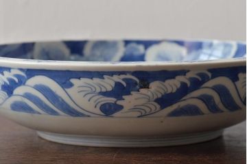 アンティーク雑貨　江戸期　古伊万里　大明成化年製　花鳥図　染付　深鉢(深皿)(R-043236)