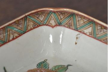 アンティーク雑貨　江戸期　九谷焼　花蝶図　角皿2枚セット(古九谷、古伊万里)(R-043237)