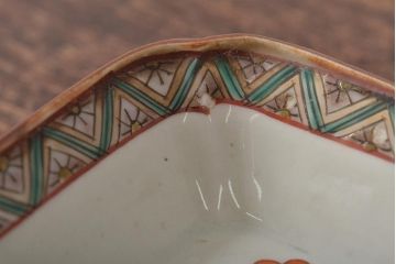 アンティーク雑貨　江戸期　九谷焼　花蝶図　角皿2枚セット(古九谷、古伊万里)(R-043238)