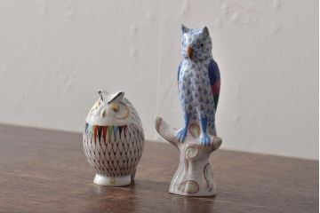 ハンガリー　HEREND(ヘレンド)　HOLLOHAZA(ホロハーザ)　フクロウ(梟)フィギュリン2点セット(ミミズク、置物、磁器)(R-043245)