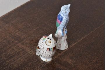 ハンガリー　HEREND(ヘレンド)　HOLLOHAZA(ホロハーザ)　フクロウ(梟)フィギュリン2点セット(ミミズク、置物、磁器)(R-043245)