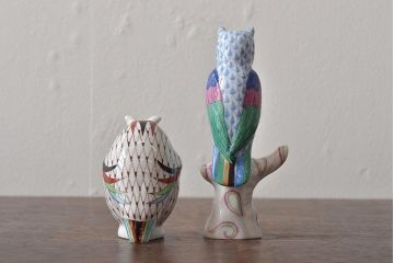 ハンガリー　HEREND(ヘレンド)　HOLLOHAZA(ホロハーザ)　フクロウ(梟)フィギュリン2点セット(ミミズク、置物、磁器)(R-043245)