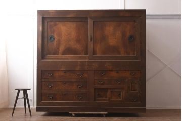 アンティーク家具　明治期　ヒノキ材・欅材　重ね収納箪笥(水屋箪笥、引き出し、チェスト、夜具箪笥、布団箪笥)(R-043250)