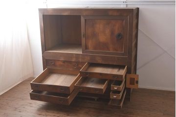 アンティーク家具　明治期　ヒノキ材・欅材　重ね収納箪笥(水屋箪笥、引き出し、チェスト、夜具箪笥、布団箪笥)(R-043250)