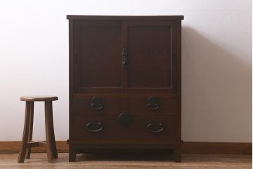 アンティーク家具　和製アンティーク　脚付きリメイク　ケヤキの杢目が美しいシンプルな帳場箪笥(収納棚、時代箪笥、戸棚)(R-043254)