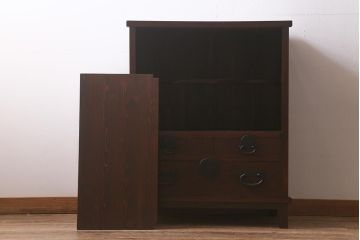 アンティーク家具　和製アンティーク　脚付きリメイク　ケヤキの杢目が美しいシンプルな帳場箪笥(収納棚、時代箪笥、戸棚)(R-043254)