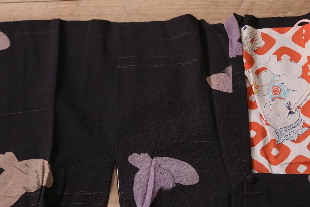 アンティーク着物　大正昭和初期　黒縮緬ふくら雀柄　道行コート(正絹古布)(R-043260)