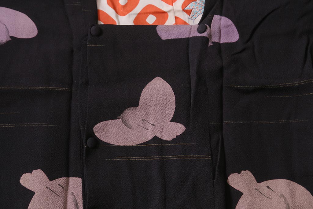 アンティーク着物　大正昭和初期　黒縮緬ふくら雀柄　道行コート(正絹古布)(R-043260)