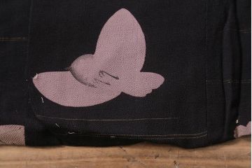アンティーク着物　大正昭和初期　黒縮緬ふくら雀柄　道行コート(正絹古布)(R-043260)