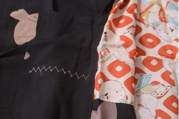 アンティーク着物　大正昭和初期　黒縮緬ふくら雀柄　道行コート(正絹古布)(R-043260)