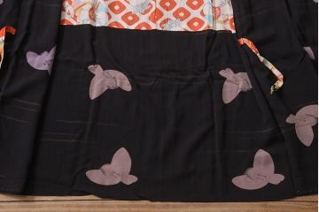 アンティーク着物　大正昭和初期　黒縮緬ふくら雀柄　道行コート(正絹古布)(R-043260)